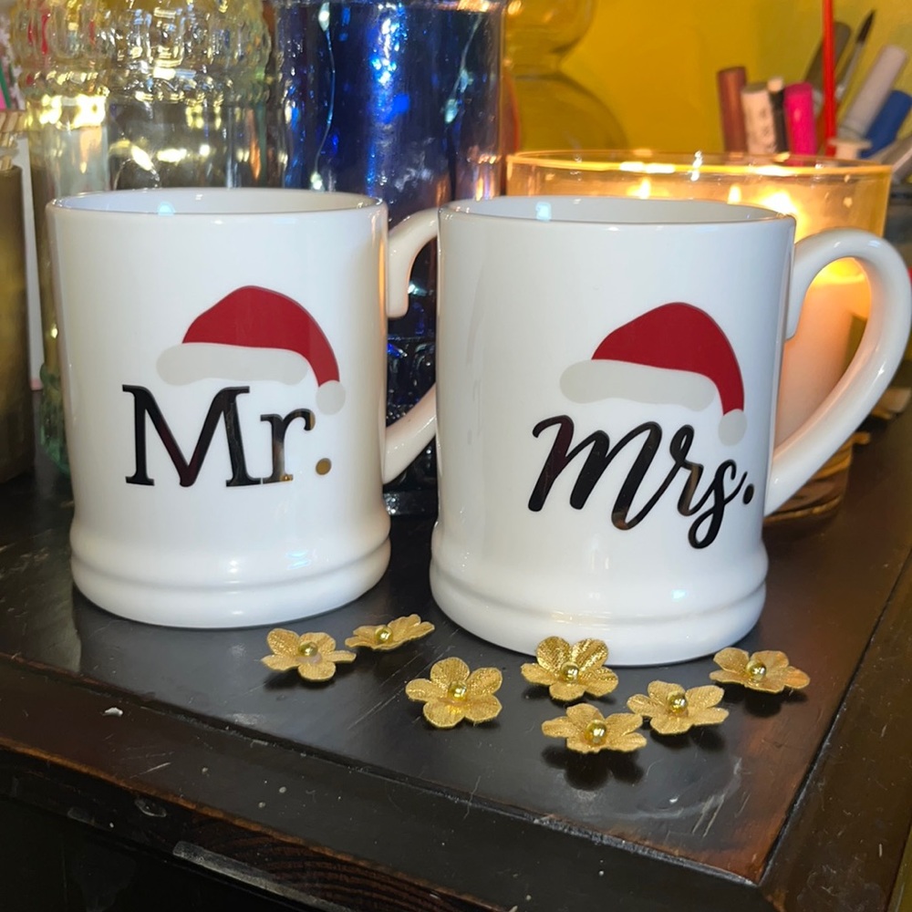 Set of two Mr. And Mrs. Santa hat mugs stoneware dishwasher and microwave safe
